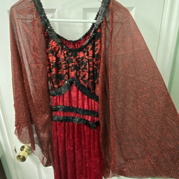 Woman's M 'Vampire Witch Halloween Costume Dress Medieval Red Sparkly Velour - Picture 8 of 13
